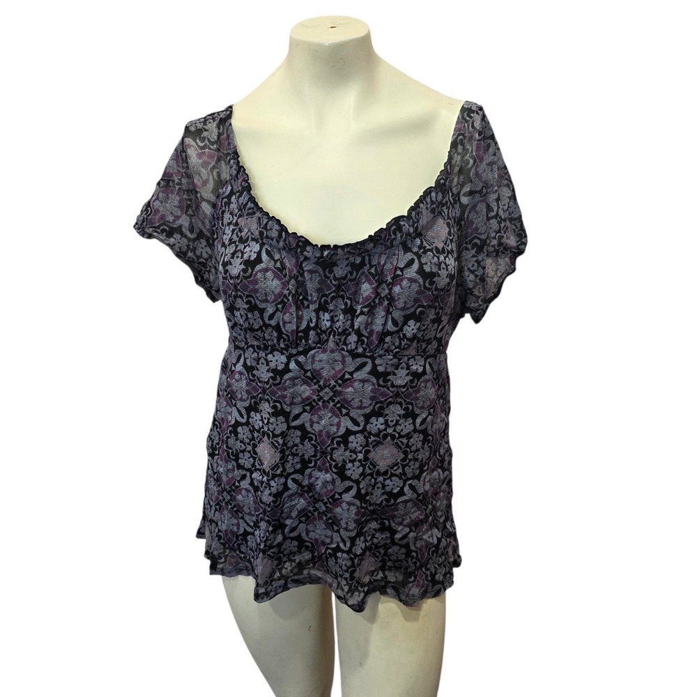 Axcess Sz L Purple Black Floral Scroll Empire Waist Sheer Short Sleeve Blouse